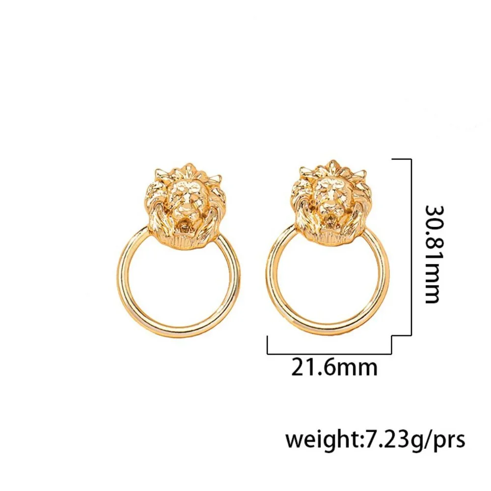 Gold Regal Lion Head Door Knocker Earrings NEW - Picture 5 of 6